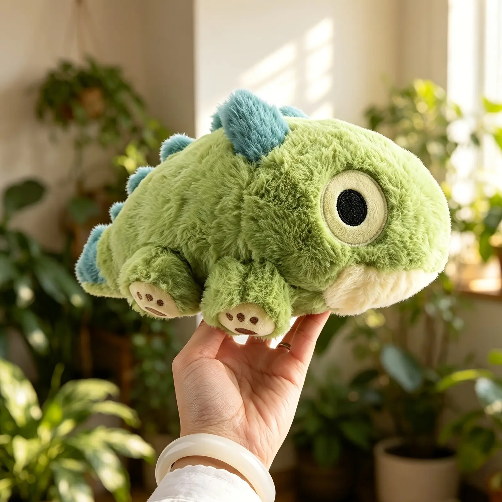 Soft Green Lying Dinosaur Plush Doll, Kawaii Fluffy Dino Stuffed Toy with Round Eyes, Cozy Home Sofa Decor, Creative Birthday Gift for Dinosaur Enthusiasts