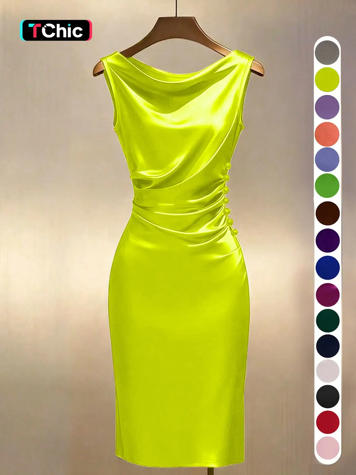 Summer Knit Satin Dress, Champagne Color Sleeveless Slim Fit Elegant Dresses for Party, Office Wear and Wedding Guest
