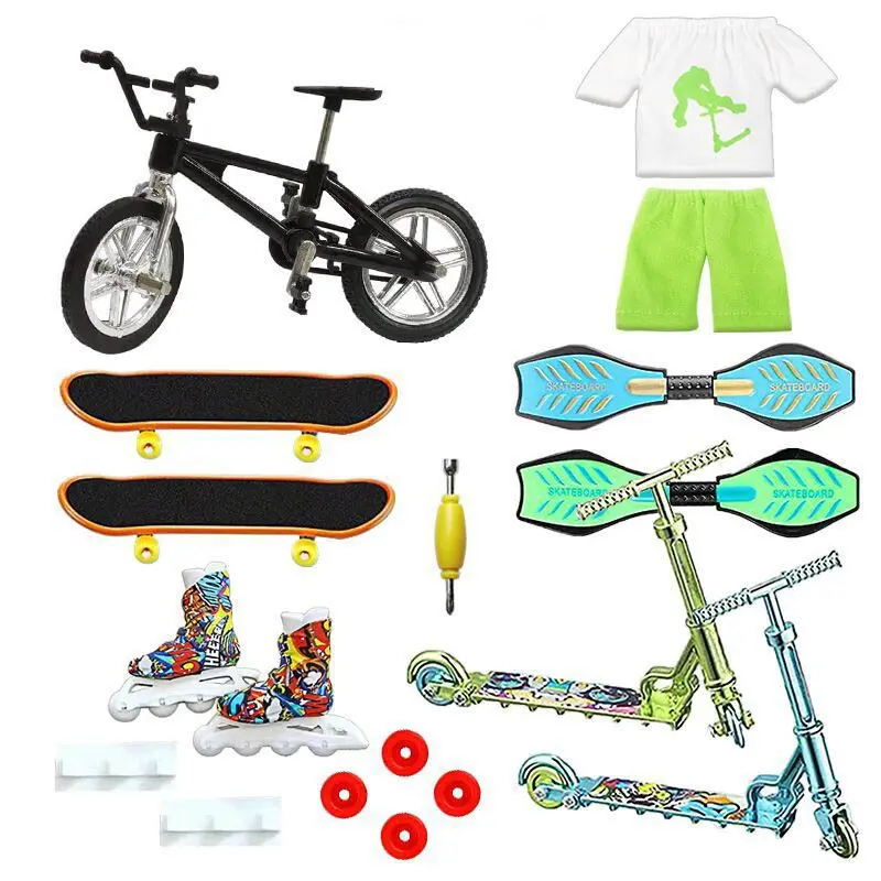 Mini finger skateboard toy set, includes finger bike, scooter, roller skates, and clothing accessories, creative finger sports game set, a party gift suitable for kids over 6, finger sports toy set