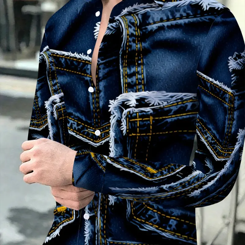 Men's Long Sleeve Casual Collared Shirt, Fashion Trendy Denim Pattern Print Design, Personalized Printed Casual Versatile Top, Casual Fabric Clothing