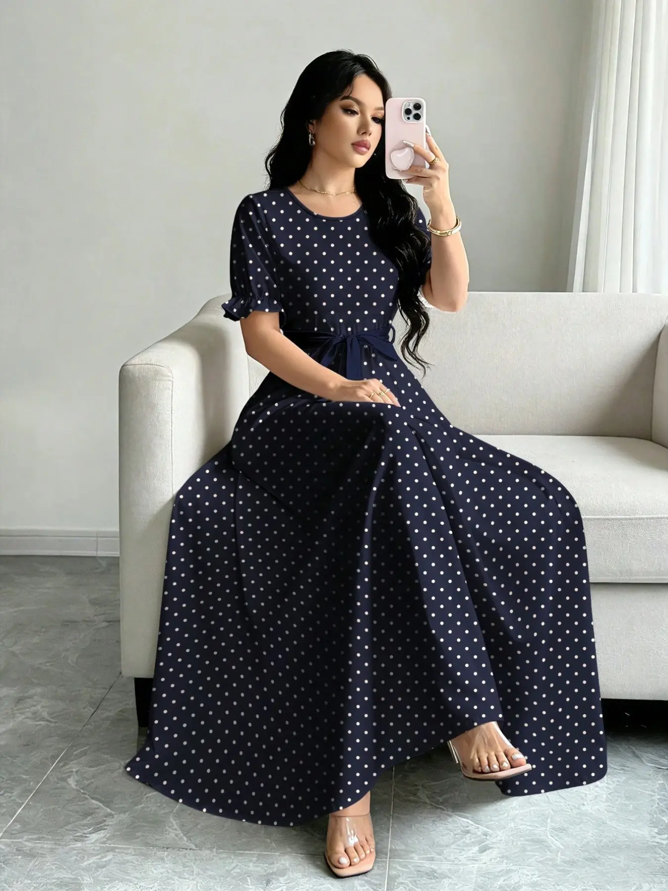 Elegant Chic Summer Dress, Polka Dot Print, Women's Fashion Round Neck Short Bubble Sleeve Skirt, Adjustable Waist Dress, Waist Belt Design, Long Dress