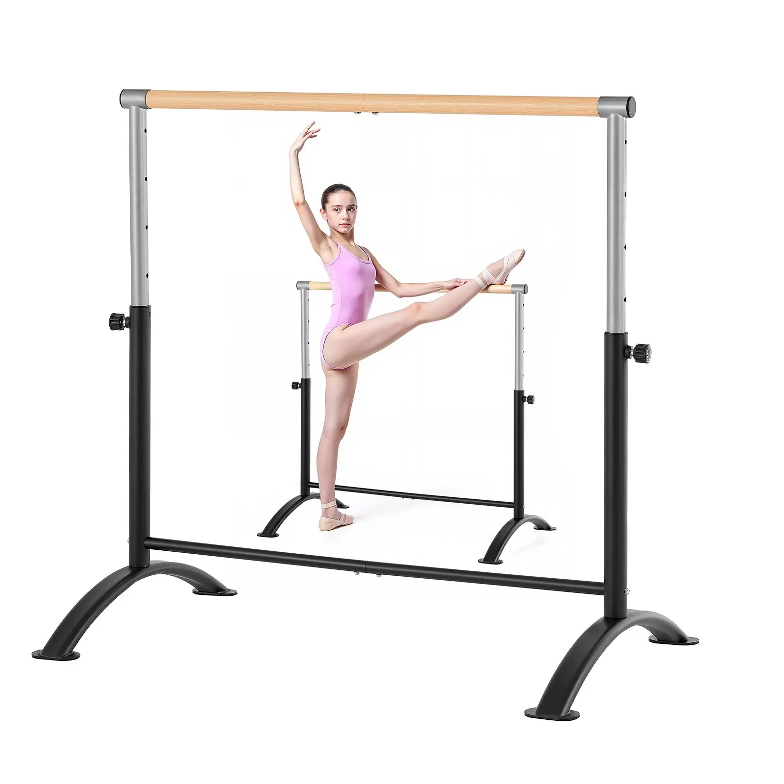 VEVOR Carbon Steel Freestanding Portable Ballet Barre, 4 Ft Height-Adjustable Anti-Wobble Equipment with Lock Handle for Home Gym, Pilates Training, Height Adjust, Endurance Training