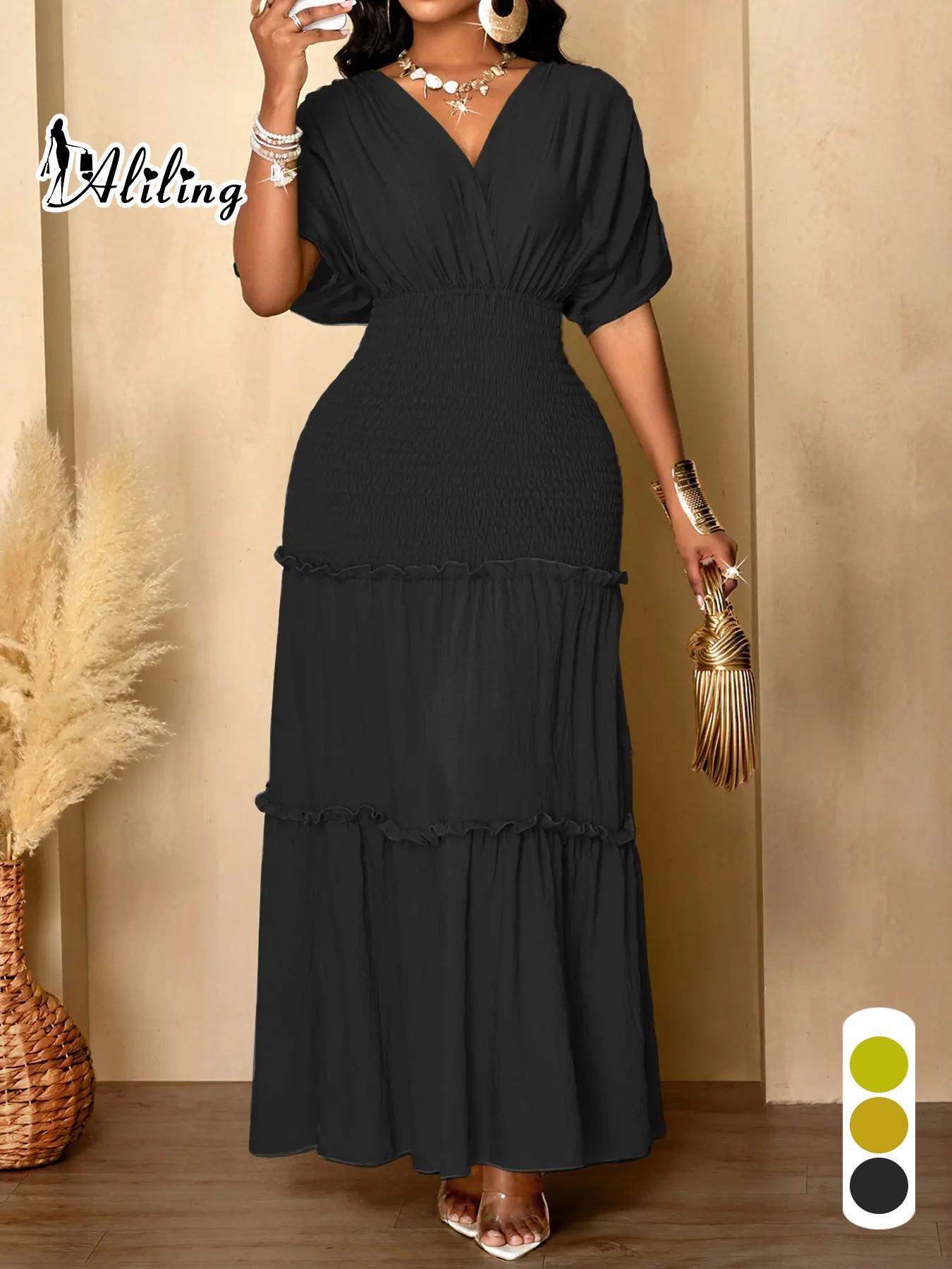 Aliling Elegant Women Dress Waist Shirred Knit Long Dresses V Neck Short Sleeve Slim Fitted Solid Female Bodycon Casual Daily Wear Clothing