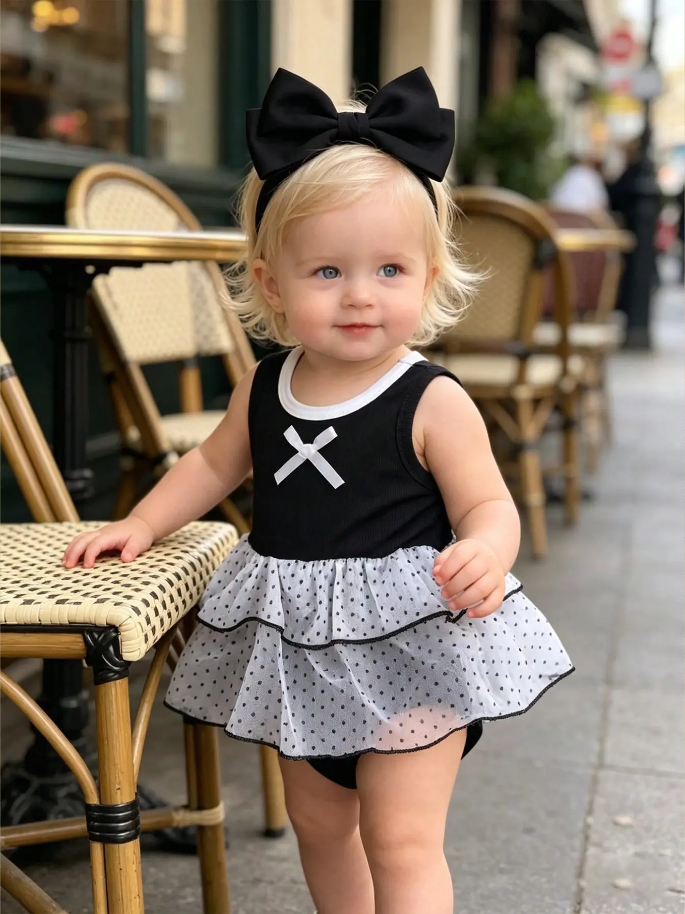 Girls' Baby Casual Butterfly Knot Polka Dot Print Soft Comfortable Knit Fabric Vest Romper, Ideal for Outdoor Activities, Spring Summer Style, Toddler Romper