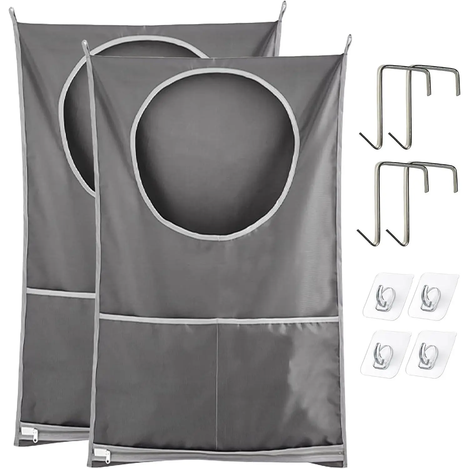 2 Pack  Laundry Bag,Over the Door Laundry Hamper with Over Door Hooks & Adhesive,Large Capacity Laundry Organizer with Bottom Zipper & 2 External Pockets for Bathroom, Dorm, RV, Small Space
