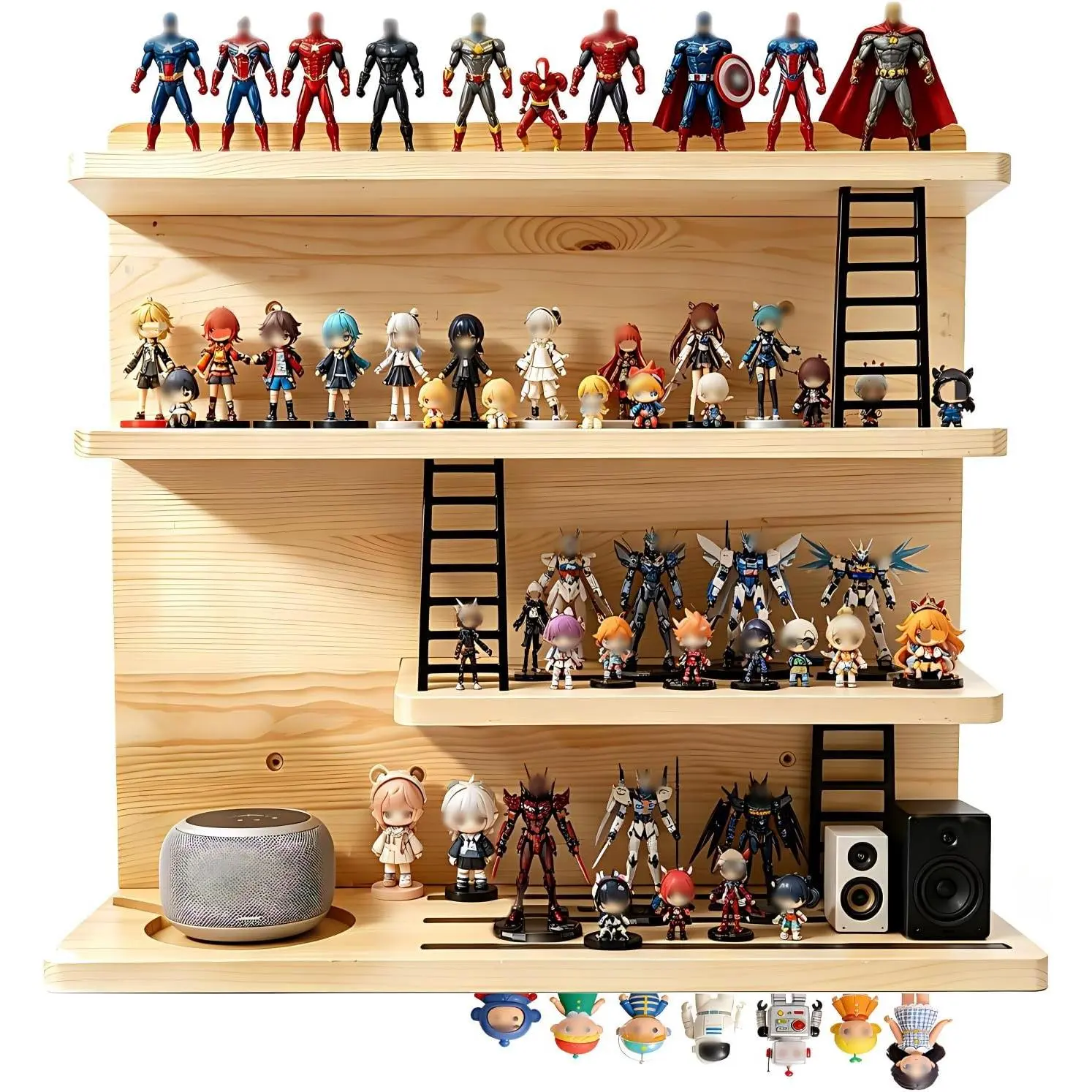 Magnetic Tonies Shelf for Wall, 4-Tier Pinewood Floating Storage, Holds 50+ Characters with Dedicated Tonebox Charging Spot, Figures Organizer for Kids Room – Black