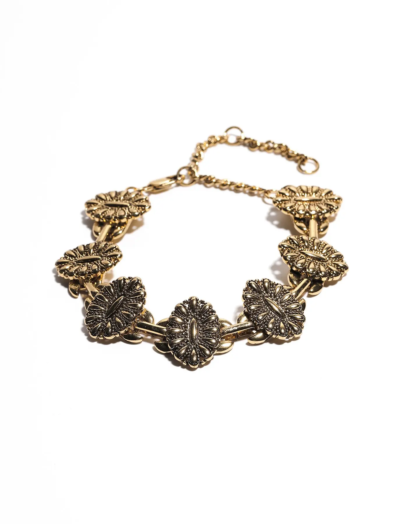 Vintage Antique Gold Floral Embossed Bracelet, H65 Brass 24K Nickel-Free Gold Plated Adjustable Chain Retro Statement Jewelry for Women Party Daily Gift