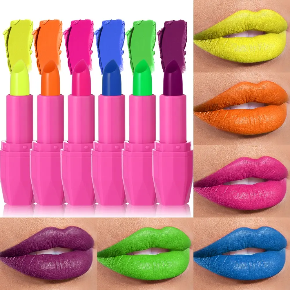 6Pcs Velvety Matte Beauty Lipstick Set, 6 Shades(Berry,Fluorescent Green,Blue,Orange,Grape Purple,Rose Red),High Pigment Waterproof Smudge Proof Long Lasting Lip Makeup, Lip Products, Ideal Halloween Gift For Women