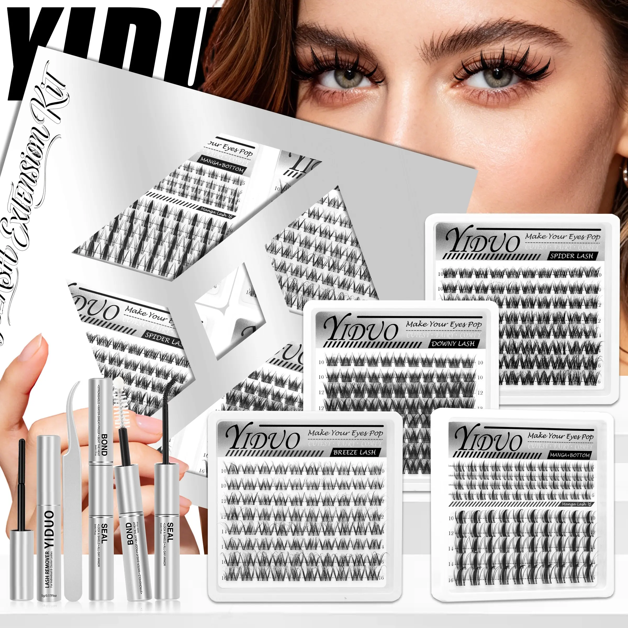 YIDUO Make Your Eyes Pop Manga Lash Kit – Spider/Breeze/Downy Styles + Bottom Lashes, 10–16mm D-Curl. Includes Bond, Seal, Remover & Tweezers – Full Lash Glam, Top to Bottom!