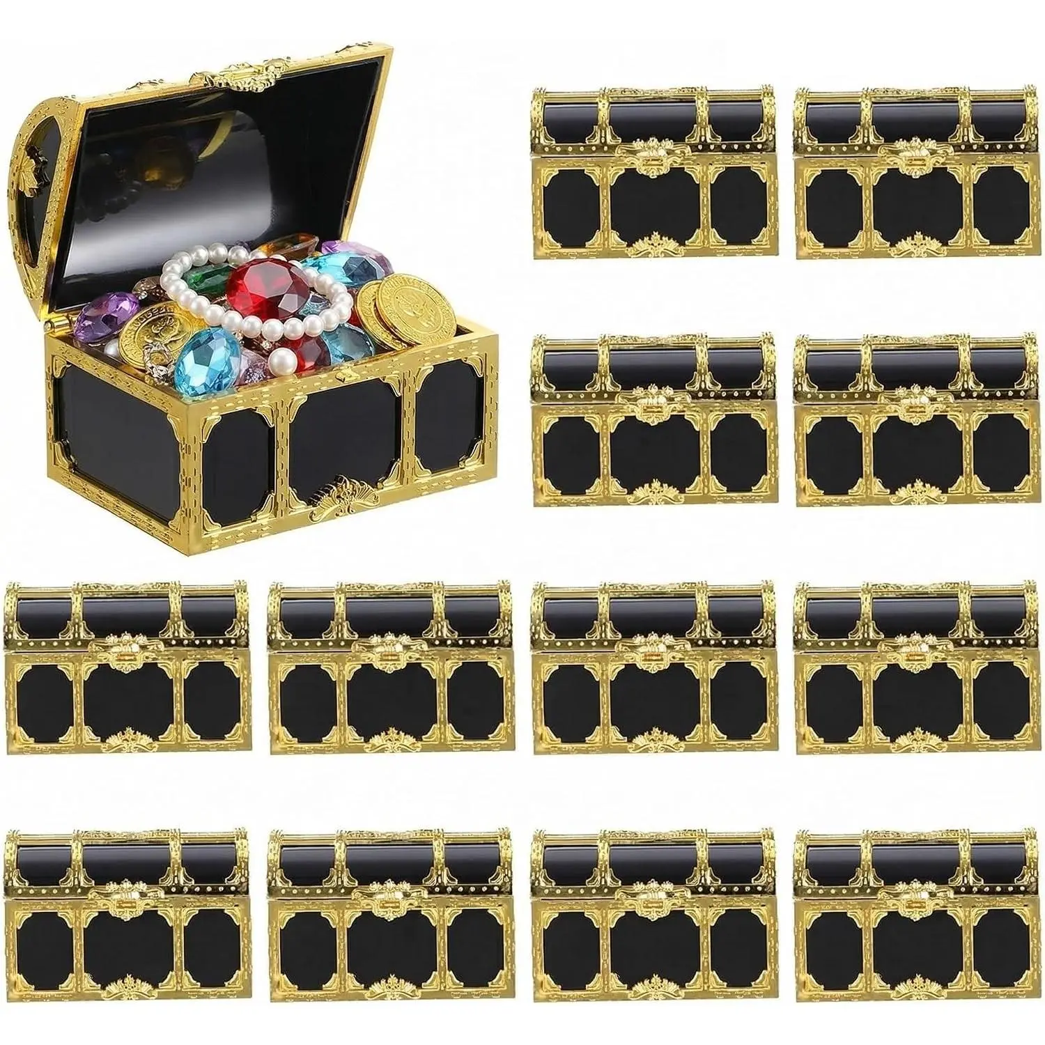 12-Pack Shiny Lightweight Plastic Mini Pirate Treasure Chest Set (3in), Kids’ Adventure Gifts for Prizes, Party Favors, Classroom Storage & Home Decor