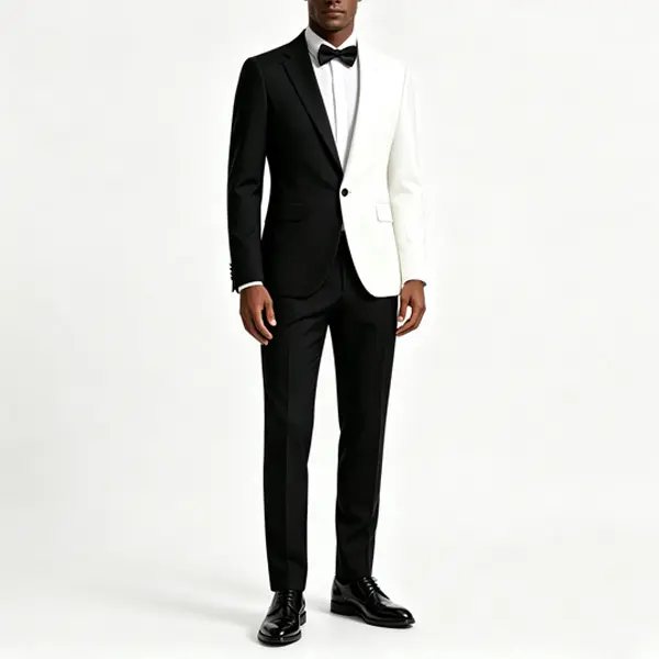 Men's Slim-Fit 1-Button Half Black Half White Split Color Tuxedo Blazer Set, Long Sleeve Menswear Formal Wear with Black Bow Tie, Blazer and Trousers Set Men's Suit Separates for Wedding, Stage Events
