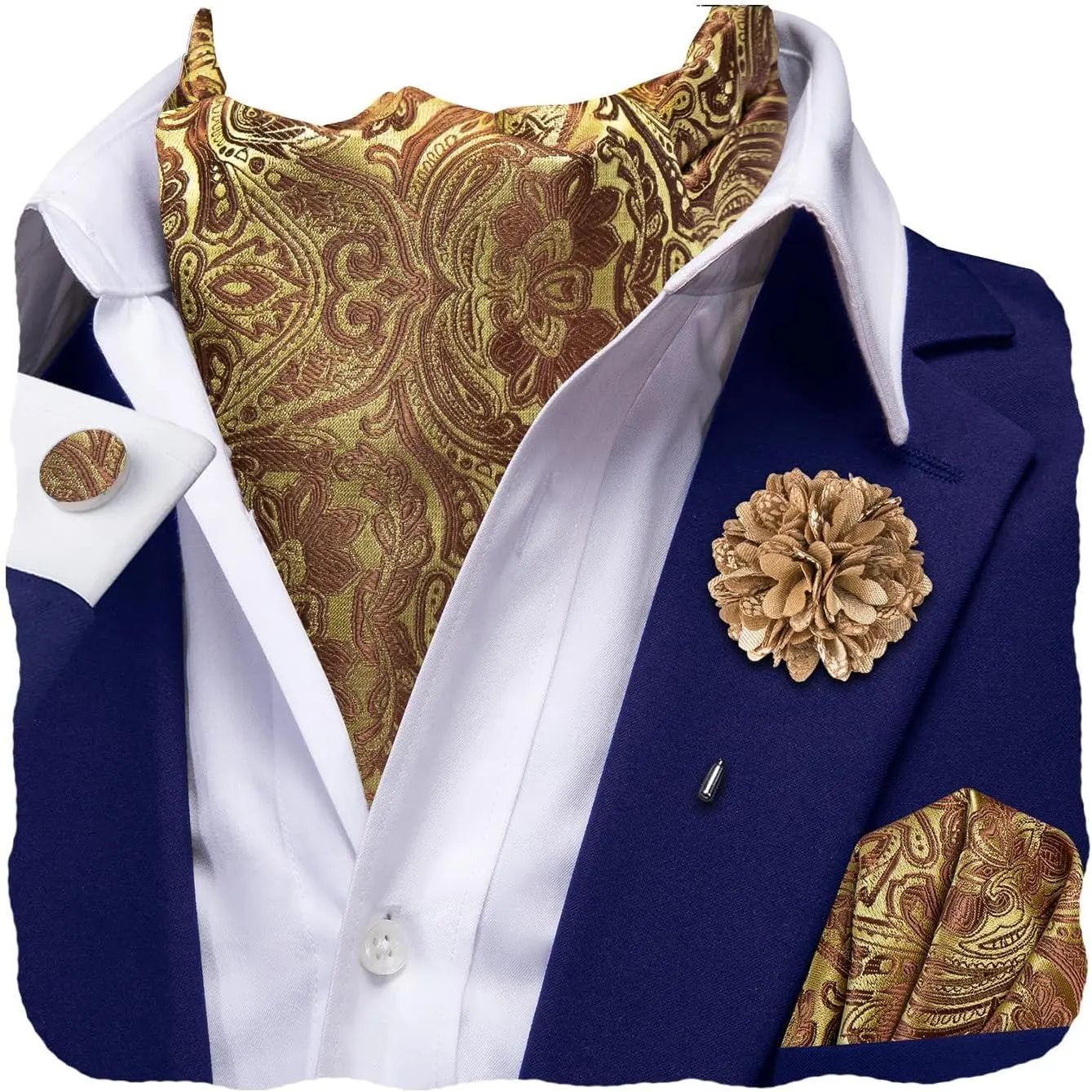 Hi-Tie Silk Ascot for Men Self Tie Men's Cravat and Flower Lapel Pin Handkerchief Cufflinks Set for Wedding Party