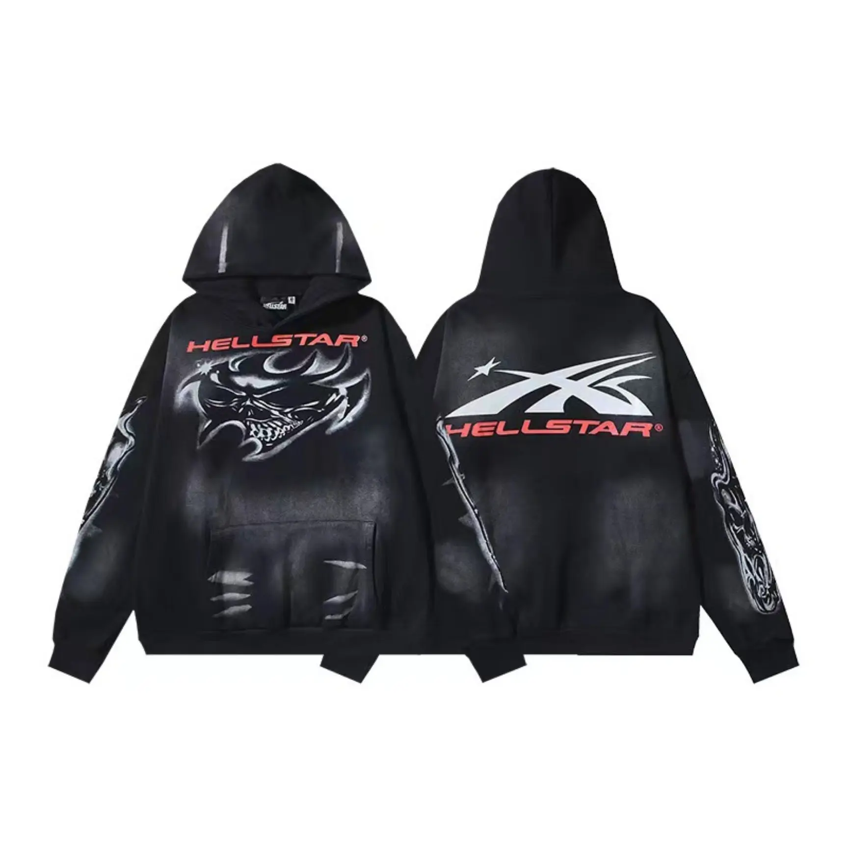 HELLSTAR Skull Graphic Pullover Hoodie Black Orange 100% Heavyweight Cotton Retro Graphic Menswear Fall Outfit Oversized Drop Shoulder Alternative Streetwear Y2K Vintage Wash Fleece Sweatshirt Casual Top