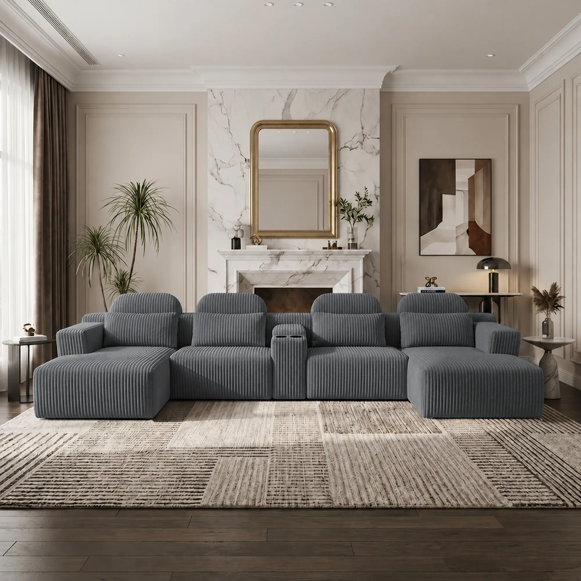 ARCH Modern Dark Gray Corduroy U-Shaped 6-Seater Modular Couch, 145.7" Oversize Sectional Sofa with Cup Holders & Storage, High-Res Foam, Tool-Free Assembly for Living Room Home Theater, Sofa Sectional Couch, Oversize 145.7"