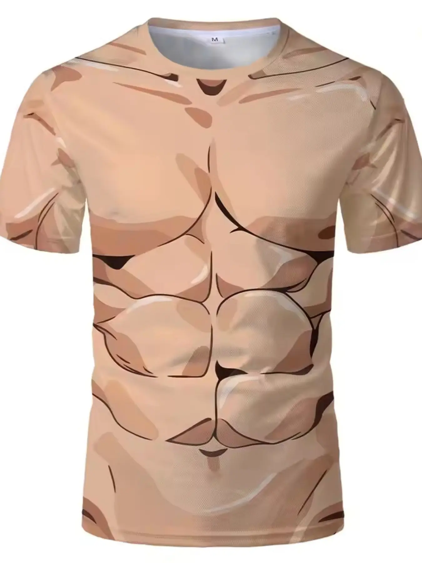 New 3D Fake Abdominal Muscles Funny T-Shirt, Casual Long Sleeve Top, Halloween Role-Playing Round Neck, Men's Streetwear
