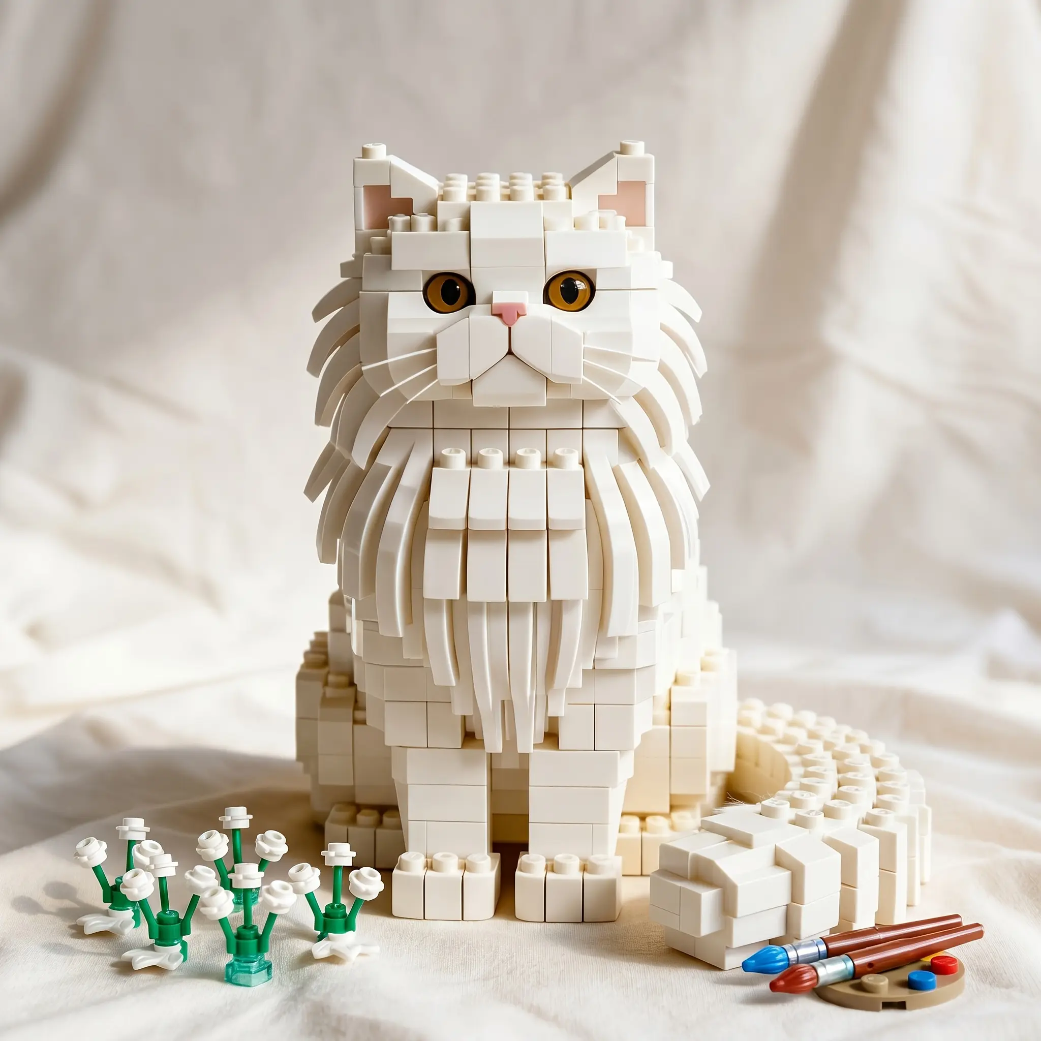 Realistic Long-Haired White Micro Building Blocks Building Sets - Challenging Assembly Toy for Cat Lovers, Ideal for Decor Display & Collector Projects, Micro Blocks