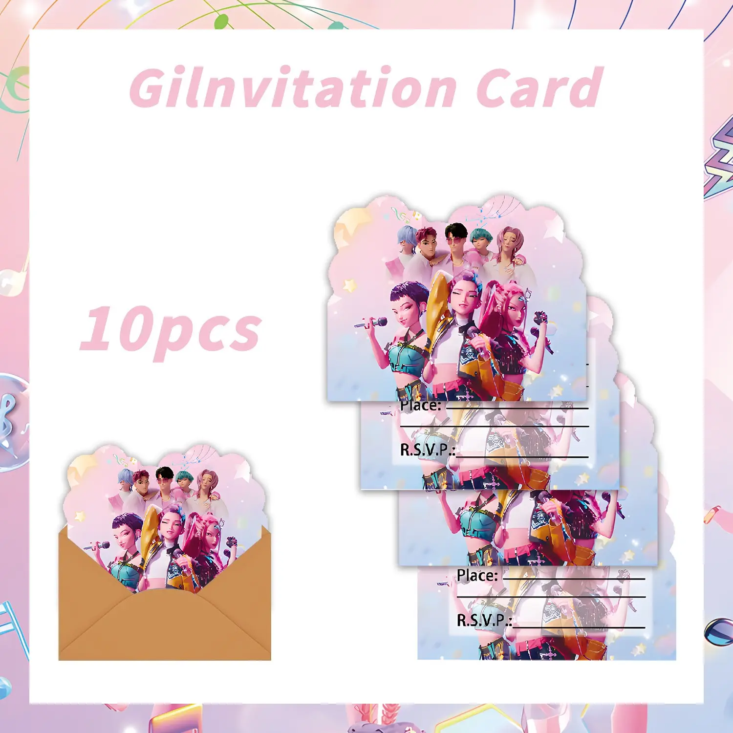 10 Korean cartoon girl group themed Birthday party pink invitation cards, perfect for parties, the best choice for party gatherings. Make your party feel more special.