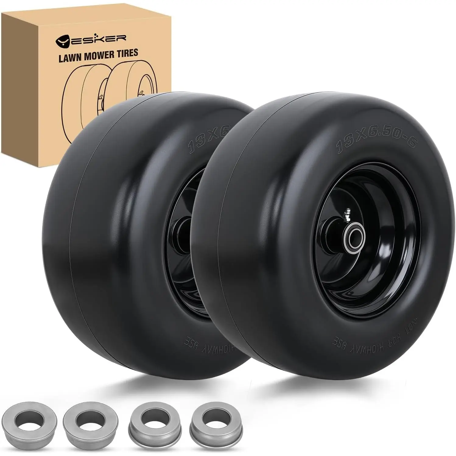 Yesker 2-Pack 13x6.50-6 Solid Lawn Mower Tire Set, 13" Flat-Free Polyurethane Airless Wheels with 3/4" Axle Bore & 3.25" Hub Len., Replacement for Riding Mowers