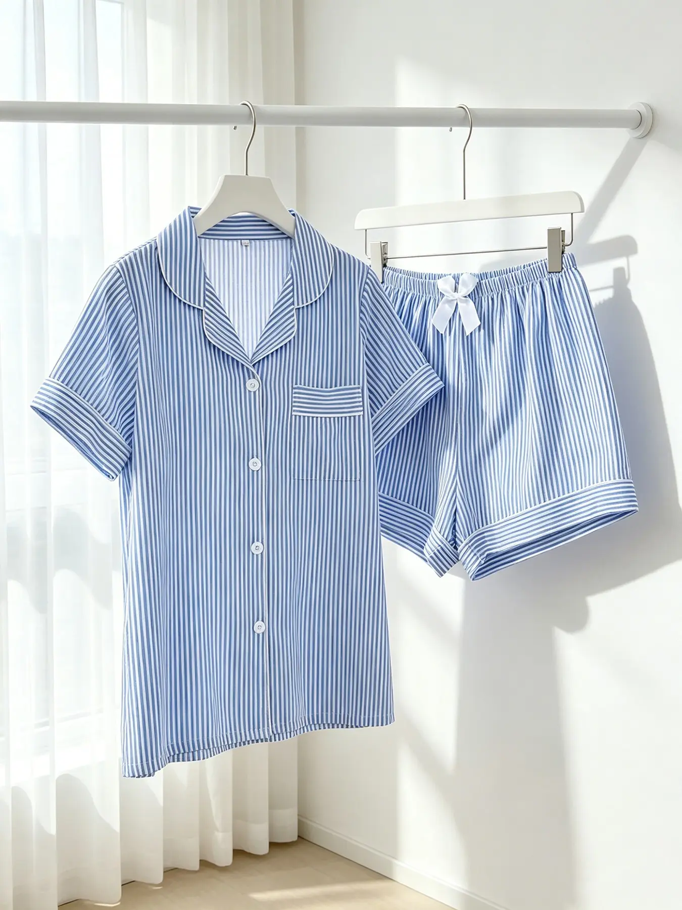 Women's Button-Down Short Sleeve Top & Shorts Pajama Set, Casual Pajamas Set, Light Blue White Stripe, Spring Summer Wear, Relaxed Fit, French Lazy Aesthetic Loungewear for Home & Short Trips