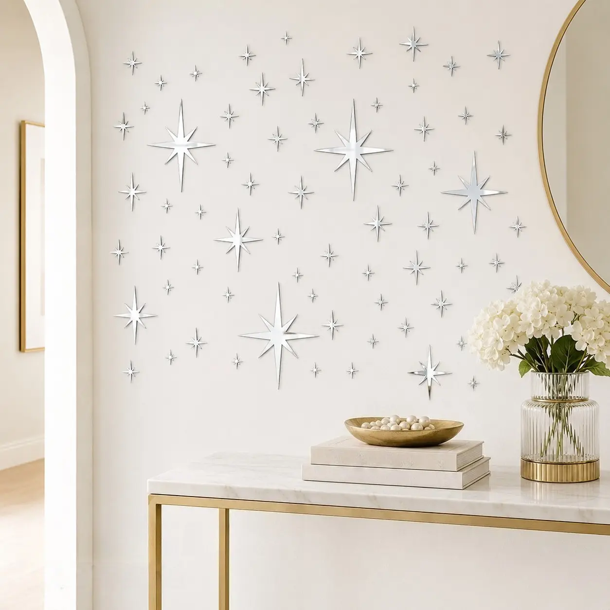 82PCS Silver Mirror Wall Stickers, Acrylic Reflective Star Decals in 5 Sizes, Removable DIY Cute Wall Decor for Kids Room, Bedroom, Living Room, Nursery and Home Office