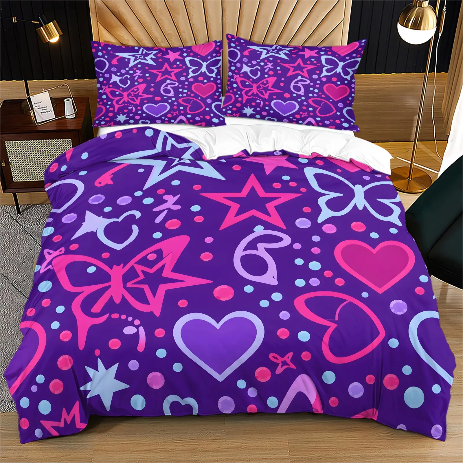 2/3PCS Y2K Sweet Cool Purple Duvet Cover Set with Star Heart Bow Print, Hidden Zipper Design, Teen Bedding Set, Multiple Colors Available, Ideal Gift, No Filling Included