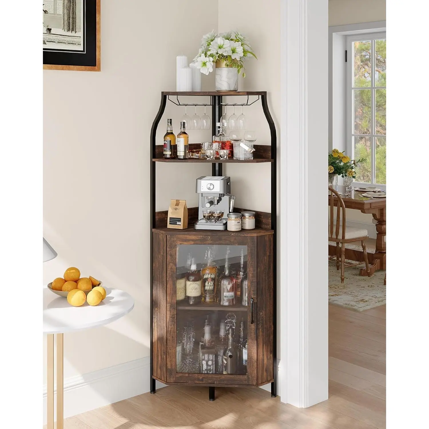 Corner Bar Cabinet with LED Lights & Outlet – Freestanding Wine Rack with Glass Door, Detachable Wine Holder, Space-Saving Bar Cabinet for Living Room, Dining Room, Home Entertainment 🍷✨