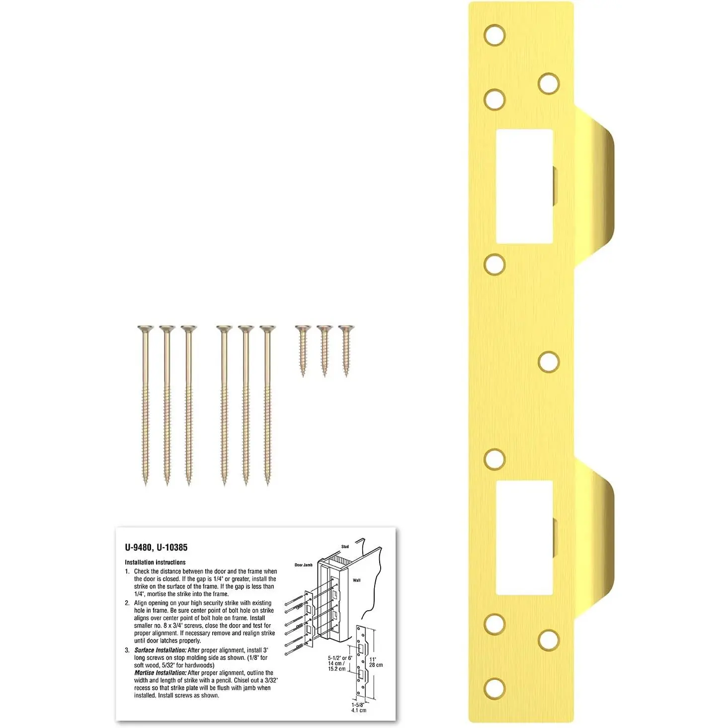U10385 U9480 Door Strike Plate Reinforcement Plate for Exterior Interior Door Deadbolt Fix Door Frame Door Jamb, Latch Reinforcement Plate  Striker for Use with 5-1/2” to 6” Hole, Steel, Brass