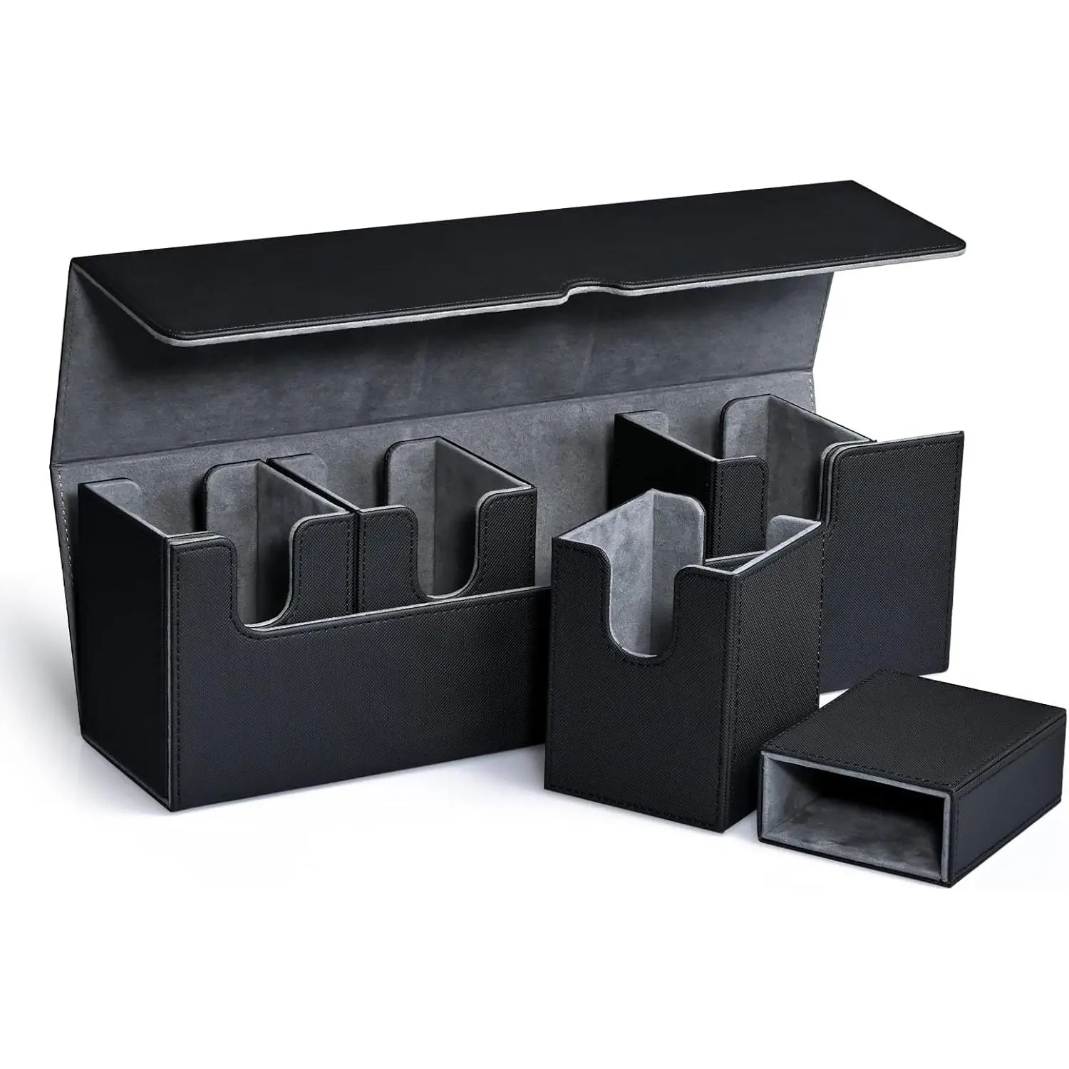 Card Deck Box with Dice Tray for MTG, 5 in 1 Card Deck Case Holds 800+ Unsleeved Cards, Strong Magnet Organizer Compatible with Yugioh TCG Sports Cards (Black)