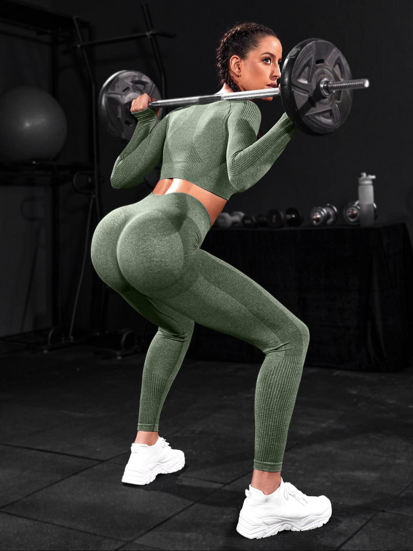 Two-piece Set Sporty Women's Plain Round Neck Crop Top & Ruched High Waist Leggings Tracksuit Set, Comfy Breathable Two-piece Outfits for Yoga Gym Running, Ladies Sportswear for All Seasons, Activewear, Athletic Wear, Gym Clothes Workout