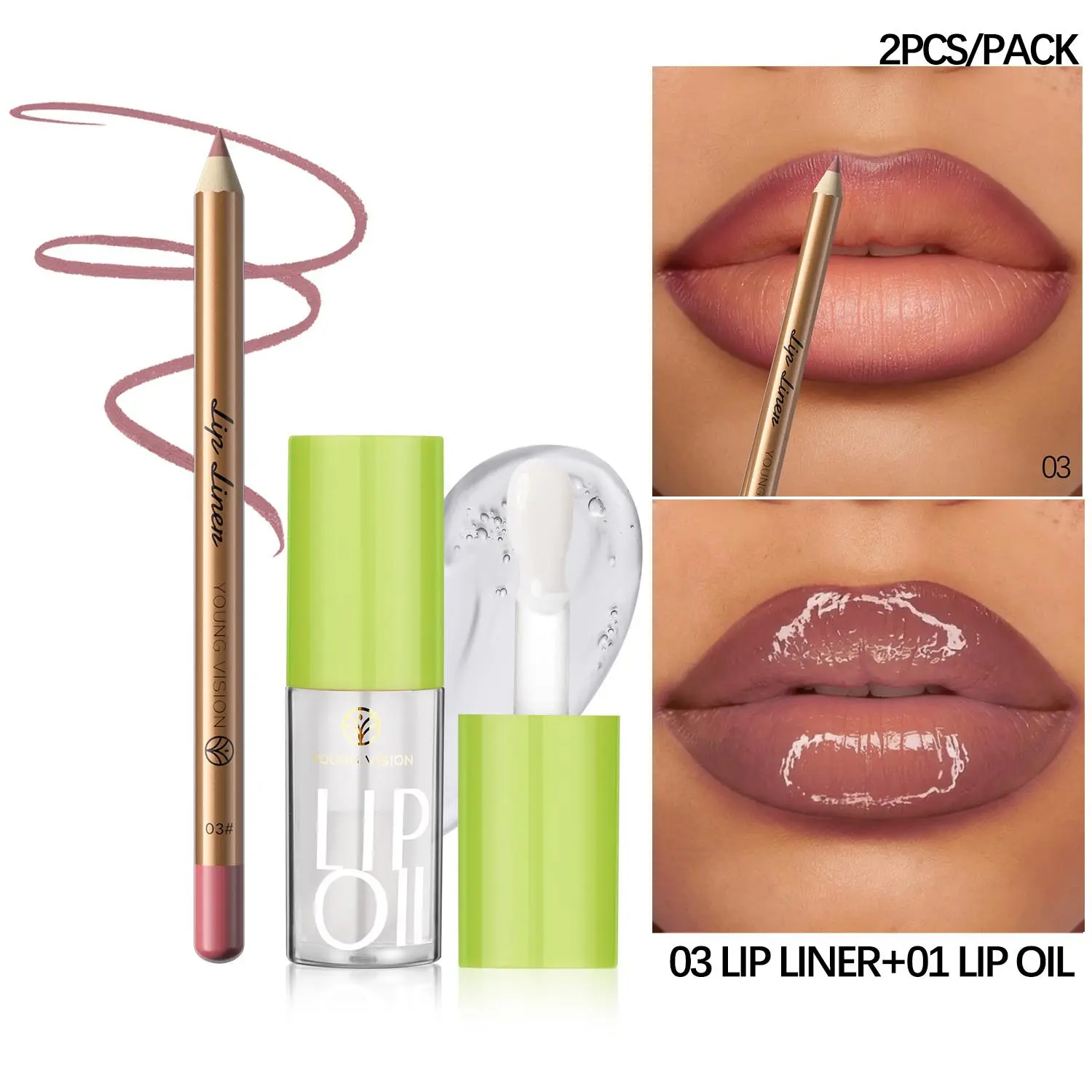 YOUNG VISION Matte Lip Liner Lip Pencil Set with Transparent Glossy Lip Balm, Define Lips, Layered Application, European Style Gradient Full Glass Pout