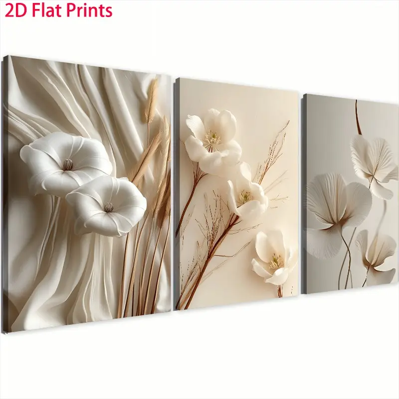 3Pcs Framed Vintage Floral Botanical Printed Canvas Wall Decor - 2D Flat Printing, Embossed Oil Mural Set, Elegant Stretch Art for Living Room, Kid Room - Ideal Father's Day, Thanksgiving, Valentine's Day Gifts for Home Decor Enthusiasts