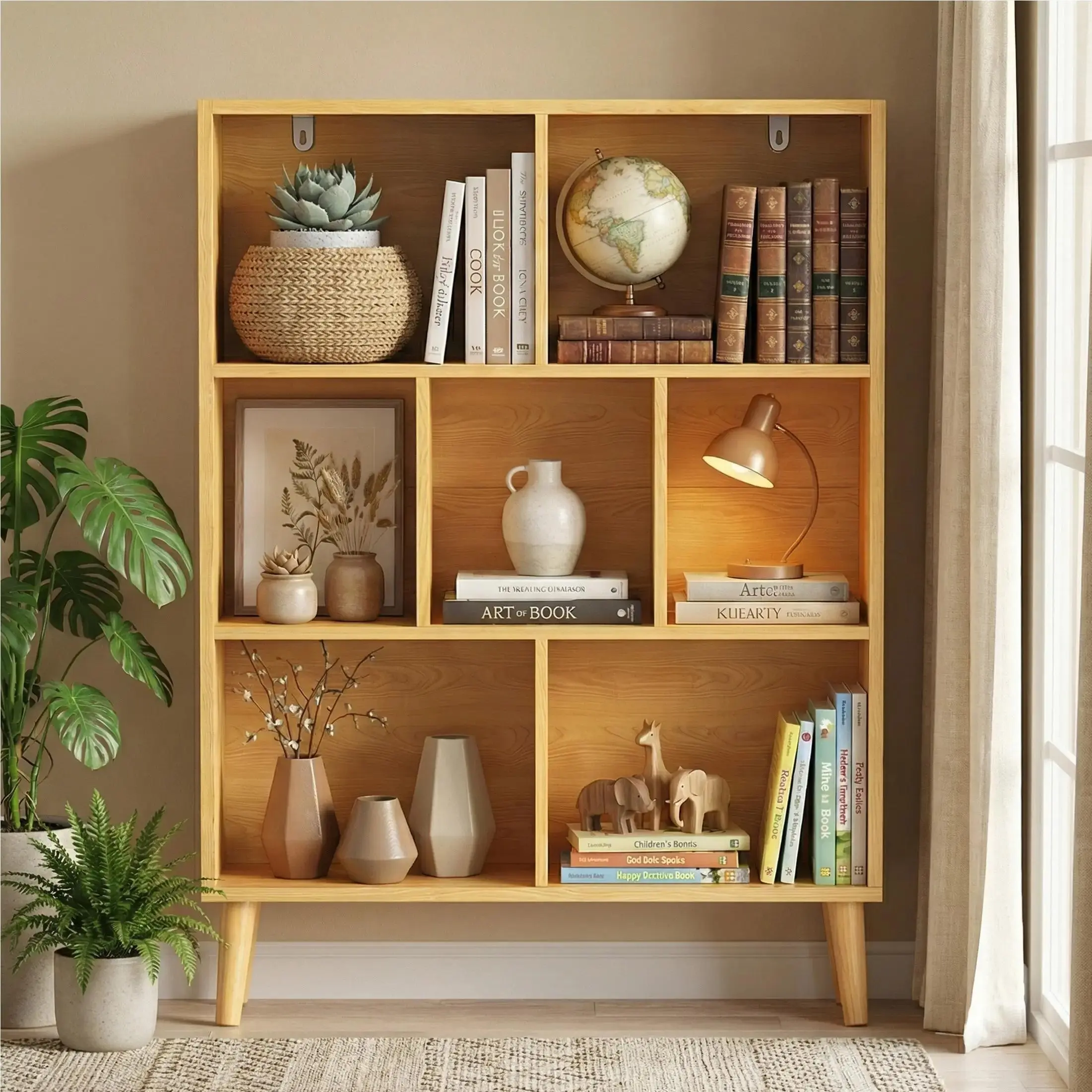 3-Tier Open Bookshelf with Metal Legs, Wooden Cube Storage Display Shelf, Freestanding Modern Bookcase for Bedroom, Living Room, Office, Natural Wood