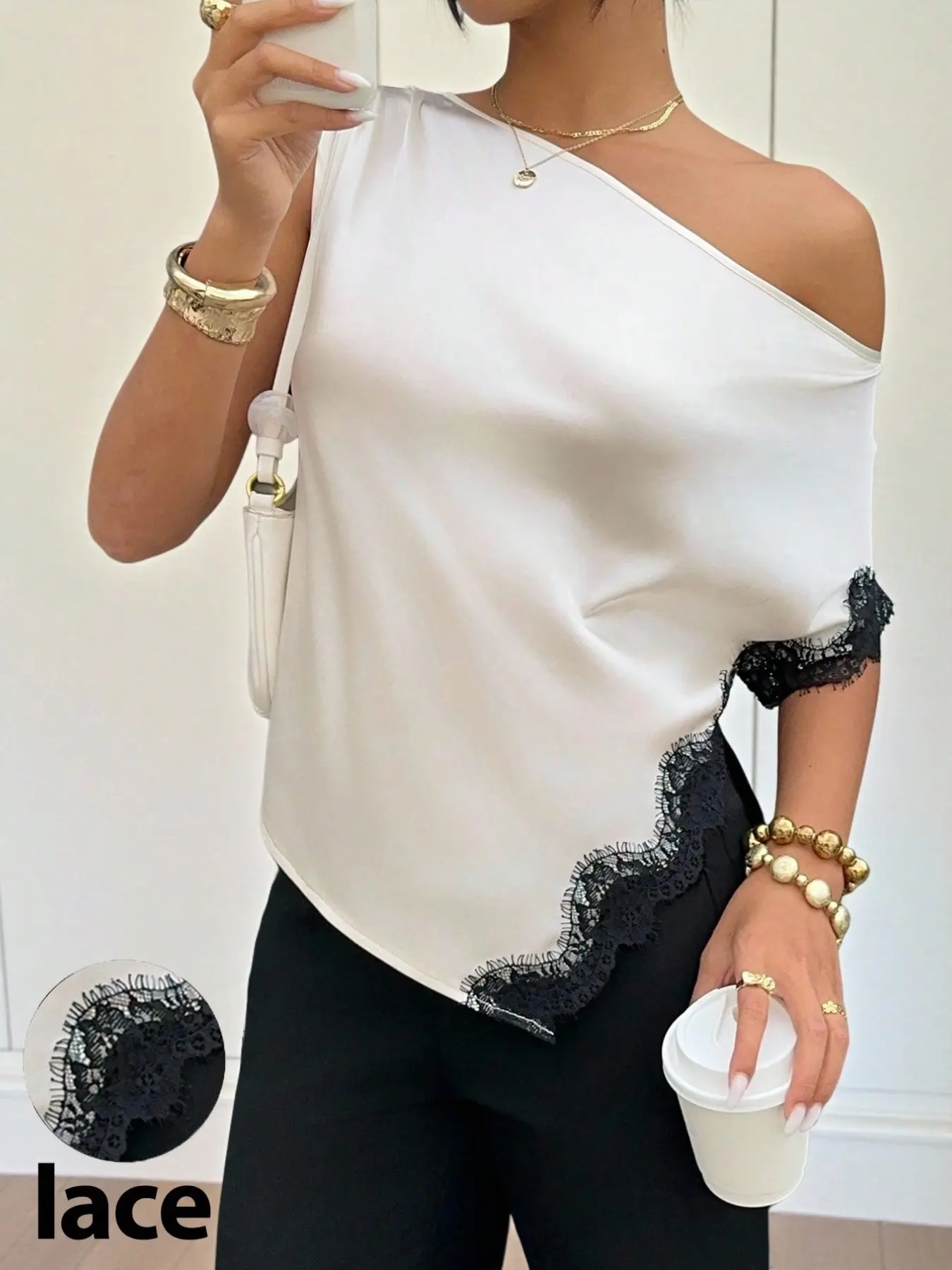 Women's Feminine Asymmetrical‑Shoulder Lace‑Patchwork Satin Blouse, Chic Elegant Dressy Comfortable Top for Daily Casual Wear