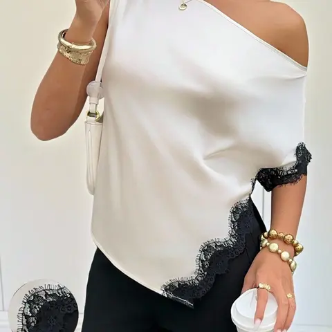Women's Feminine Asymmetrical‑Shoulder Lace‑Patchwork Satin Blouse, Chic Elegant Comfortable Fit Top for Daily Casual Wear