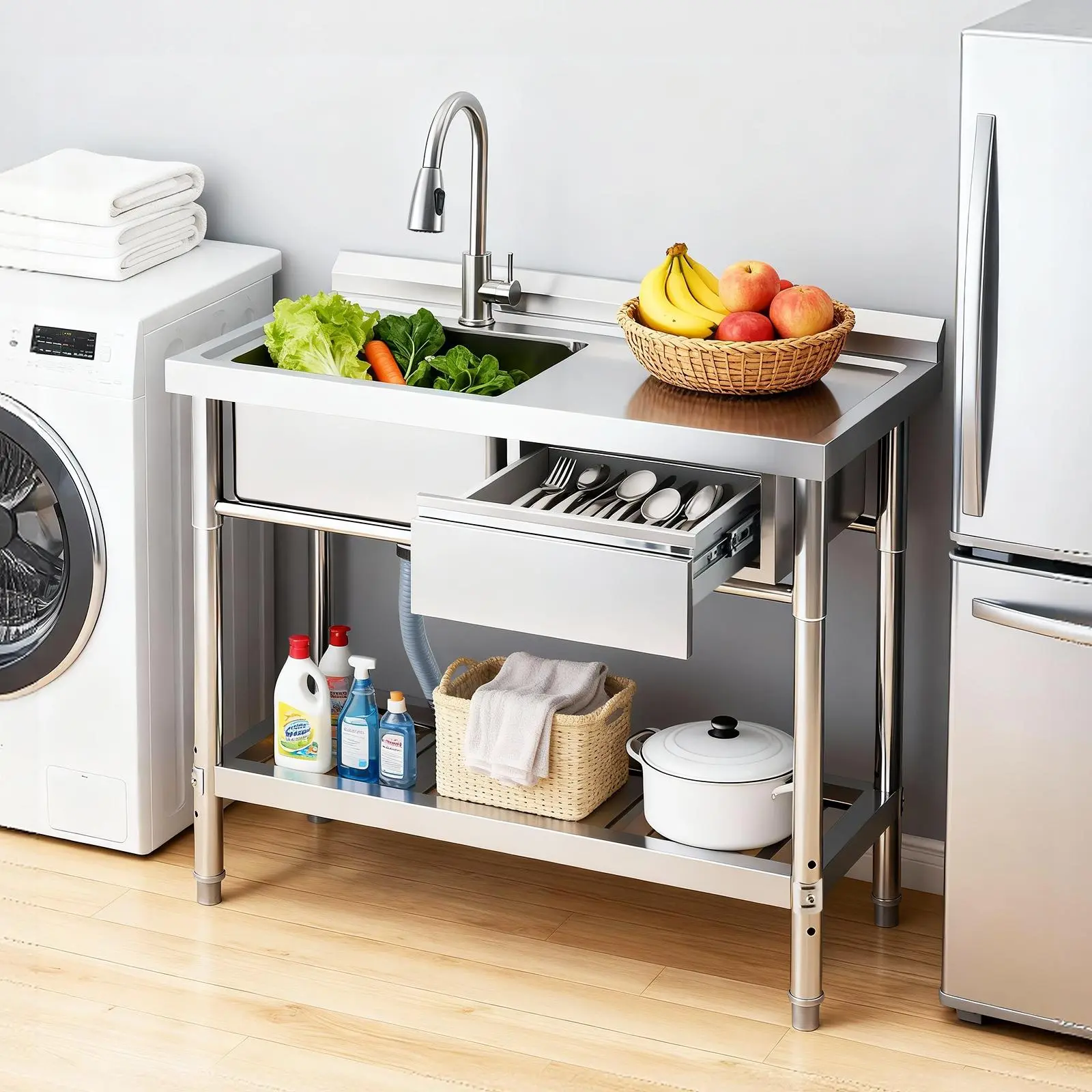 Stainless Steel Workstation Sink Combo - 39x20 in Freestanding Single Bowl Unit with Workbench, Drawer, Pull-Out Faucet, Hot & Cold Water Pipes for Garage, Basement