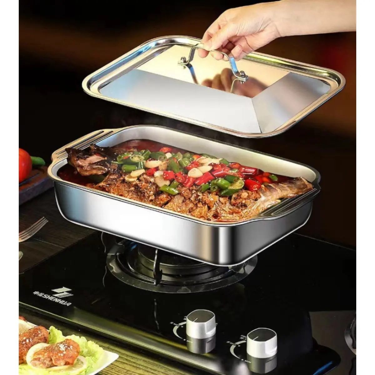 3-Piece Stainless Steel Baking Pan Set - Large-Capacity, Heavy-Duty Fish Baking Pan; Home and Commercial BBQ Pan; Seafood and BBQ Buffet Tray; Multi-Functional Cooking Tray for Family Gatherings; High-Temperature-Resistant Kitchen Food Storage Tray