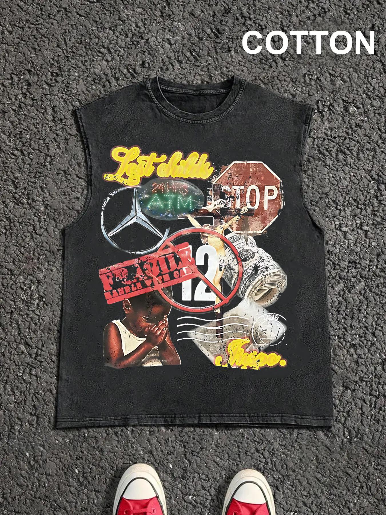 Men's Vintage Graphic Print Round Neck Tank Top, Casual Sleeveless Fitted Top for Summer, Men's Top for Daily Wear