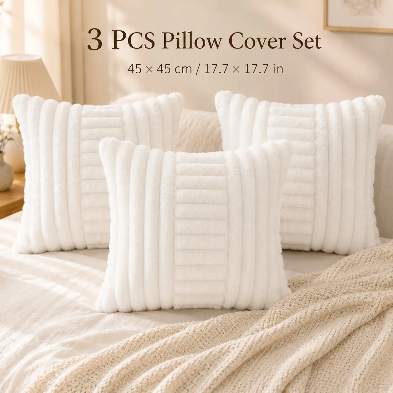 3-Pack Plush Pillowcases, 45x45cm Striped Design, Striped Pattern, Soft & Fluffy, ///, Decorative Sofa Bedroom Living Room Decor, No Insert Included