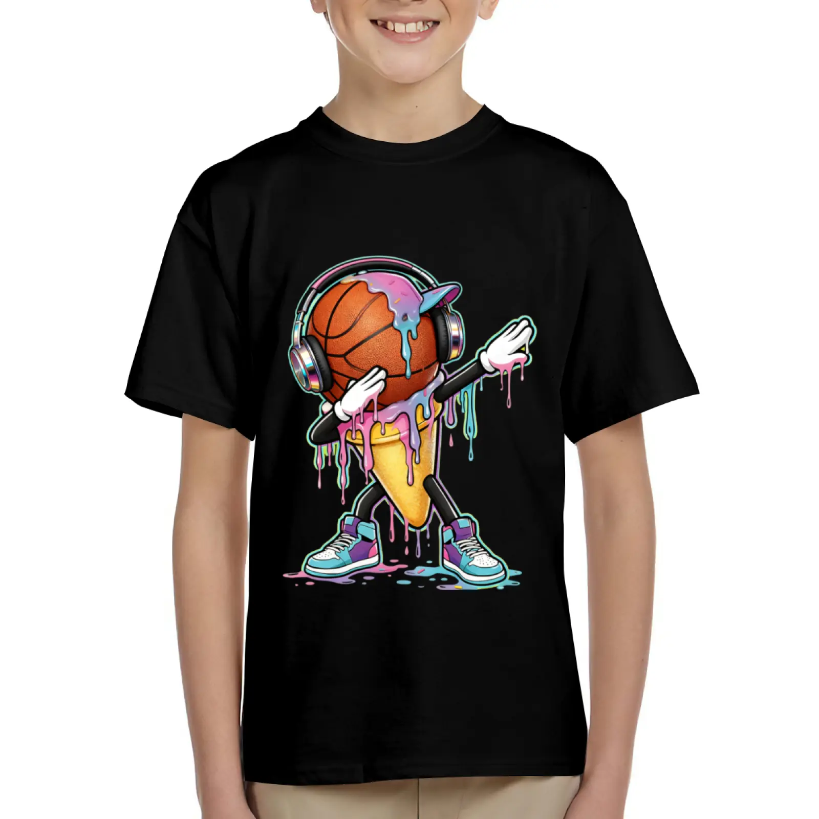Basketball Ice Cream Cone Character With Headphones Kids Short Sleeve T-Shirts Cotton Soft Breathable Crewneck Tees for Boys Girls, Loose Fit Comfortable Basic Tops for 6-15 Years Summer School Casual Wear Black 120(XS)