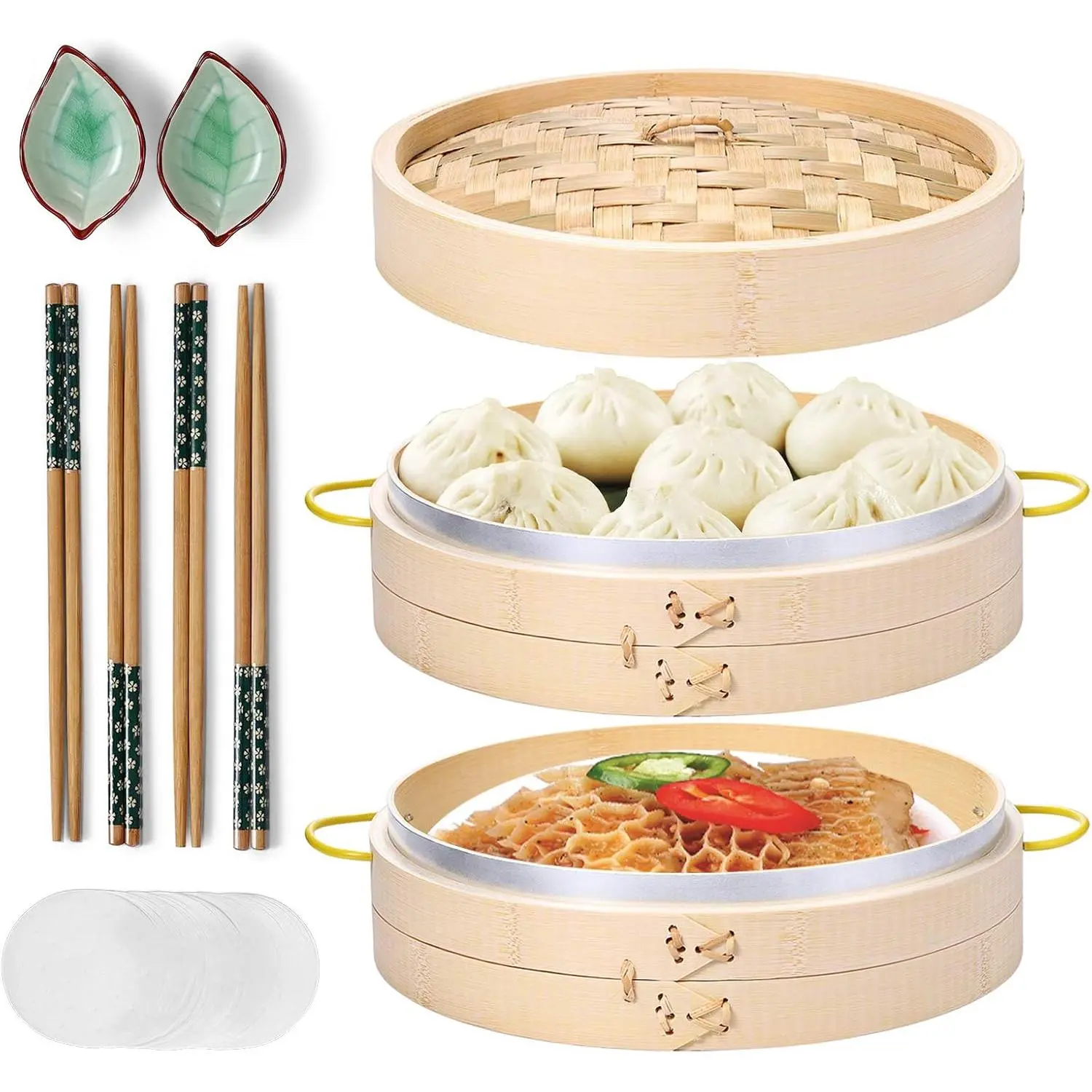 Bamboo Steamer Basket Set 10 inch Steamer for Cooking, with Side Handles Chopsticks Ceramic Sauce Dishes Paper Liners, for Dim Sum Dumplings Buns Seafoods Rice Asian Foods