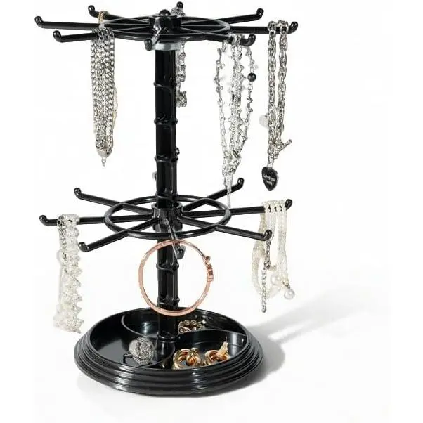 2 Tier Rotating  Display Stand, Necklace Holder,  Tree Stand, DIY Organizer for Bracelets, Necklaces, Earrings, Rings, Watches (Black)