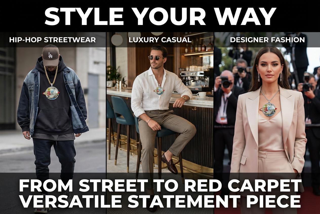 Huge Iced Out 3D Rocket Man Enamel Medallion Pendant, Colorful Cityscape Hip Hop Statement Jewelry, 925 Silver Tone with 4mm Rope Chain