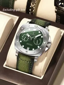 Men's Military Fashion Durable Watch Waterproof Night Light Date Display Nylon Leather Quartz Movement Luminous Analog Watch, High-Quality Men's Wristwatch