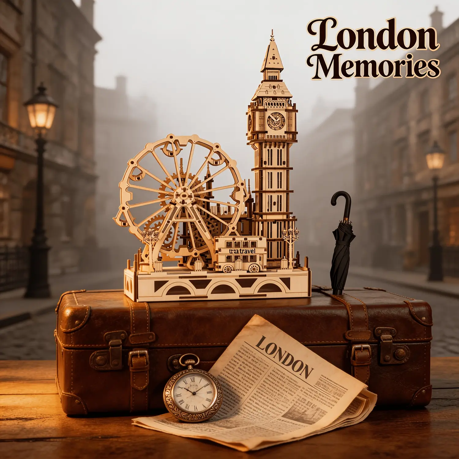 Natural Wood London Landmark 3D Wooden Puzzle Kit - Glue-Free DIY Craft, Big Ben, Rotatable London Eye, Retro English Cityscape Desktop Decoration, Collectibles, Ideal Gift for 14+ Adult Architecture Hobbyists, Father’s Day Option, Glue-Free Kit, Rotatabl