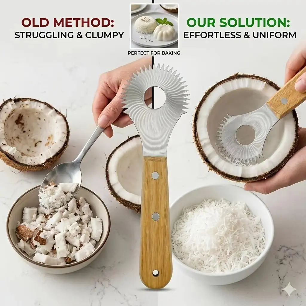 1PCS Reinforced Solid Wood Handle Stainless Steel Coconut Grater, Sharp Serrated Blade for Coconut Pulp Milk Pudding, Coconut Flakes, Coconut Shavings & Meat Scraping
