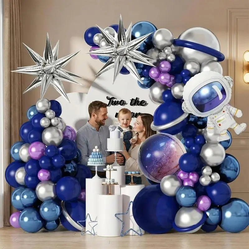 139 Pieces Space Astronaut Balloon Garland Kit, Blue Purple Silver Galaxy Star Foil Balloons, Outer Space Themed Balloon Arch Decor Set for Boys 1st Birthday Party Backdrop