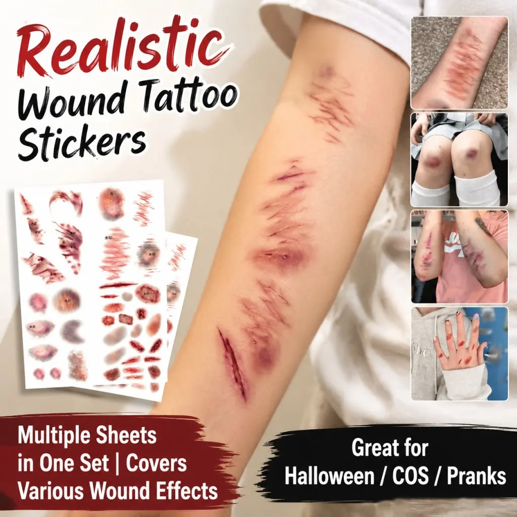 Halloween Temporary Tattoo Stickers, Realistic Scratch and Bruise Effects, Waterproof and Sweatproof, Lasts 3-7 Days, Fake Injury Tattoos