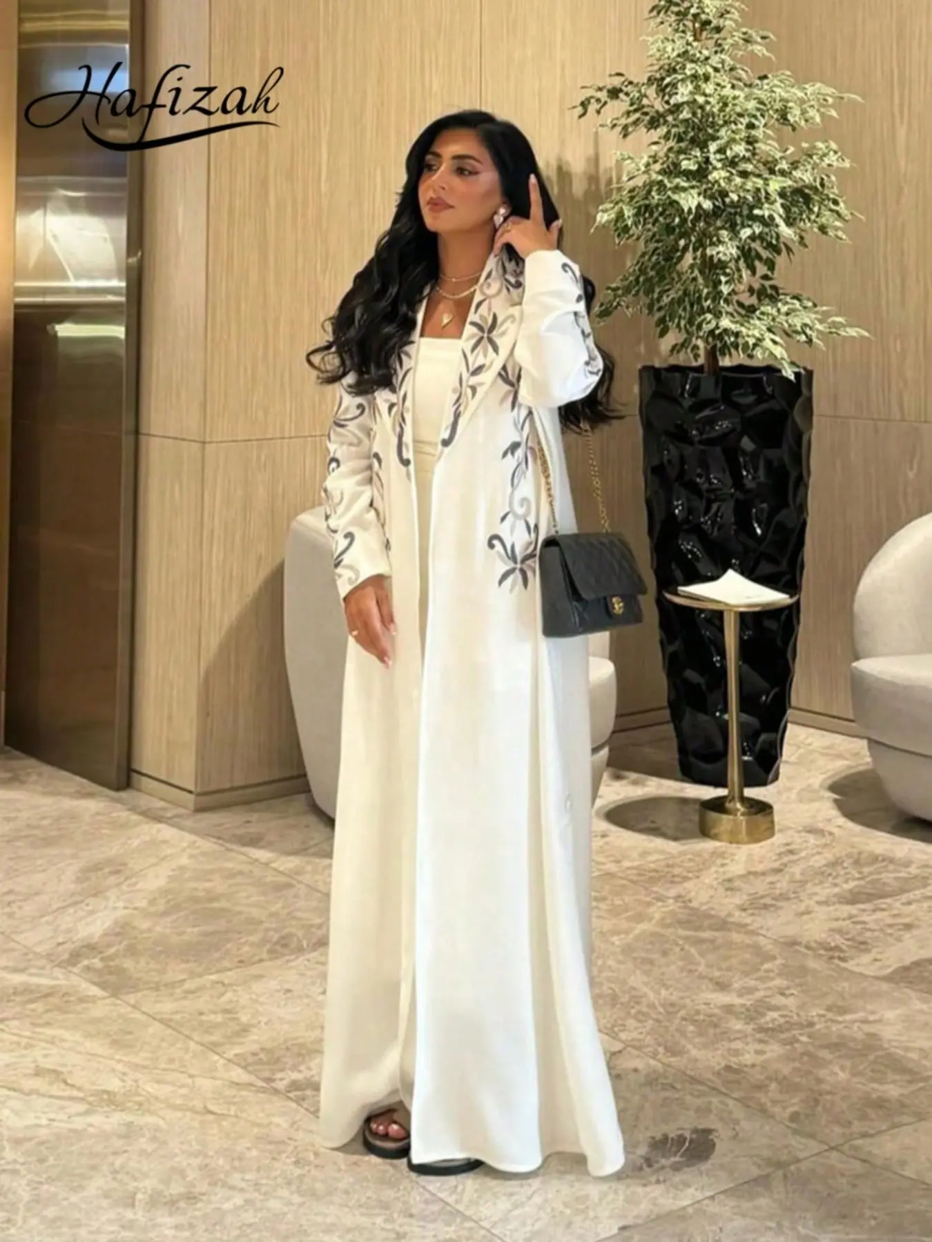 Hafizah Embroidered Vine Suit Long Cardigan, Soft Drape Women's Outerwear, Chic Office Style, Loose-Fitting Plain Design, All-Season Fashion