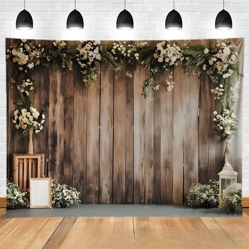 Rustic Floral Wood Backdrop Farmhouse Style Tapestry Wall Hanging, Wooden Plank Photography Background, Premium Polyester Decorative Banner for Anniversary Party, Wedding Decor, Garden Event, Photo Booth, Indoor Outdoor Display, Print, Decoration