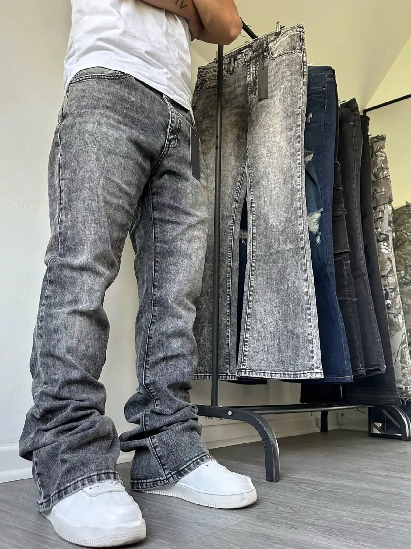 Vintage Light Blue Washed Jeans, Distressed Frayed Hem Flare Pants, Slim-Fit Streetwear Street Style, All-Seasons Versatility, Men's Fashion